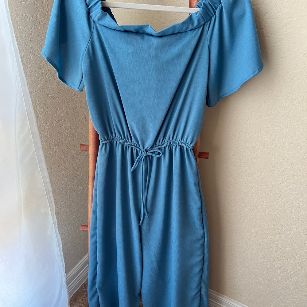 Blue Off-Shoulder Jumpsuit with Tie Waist